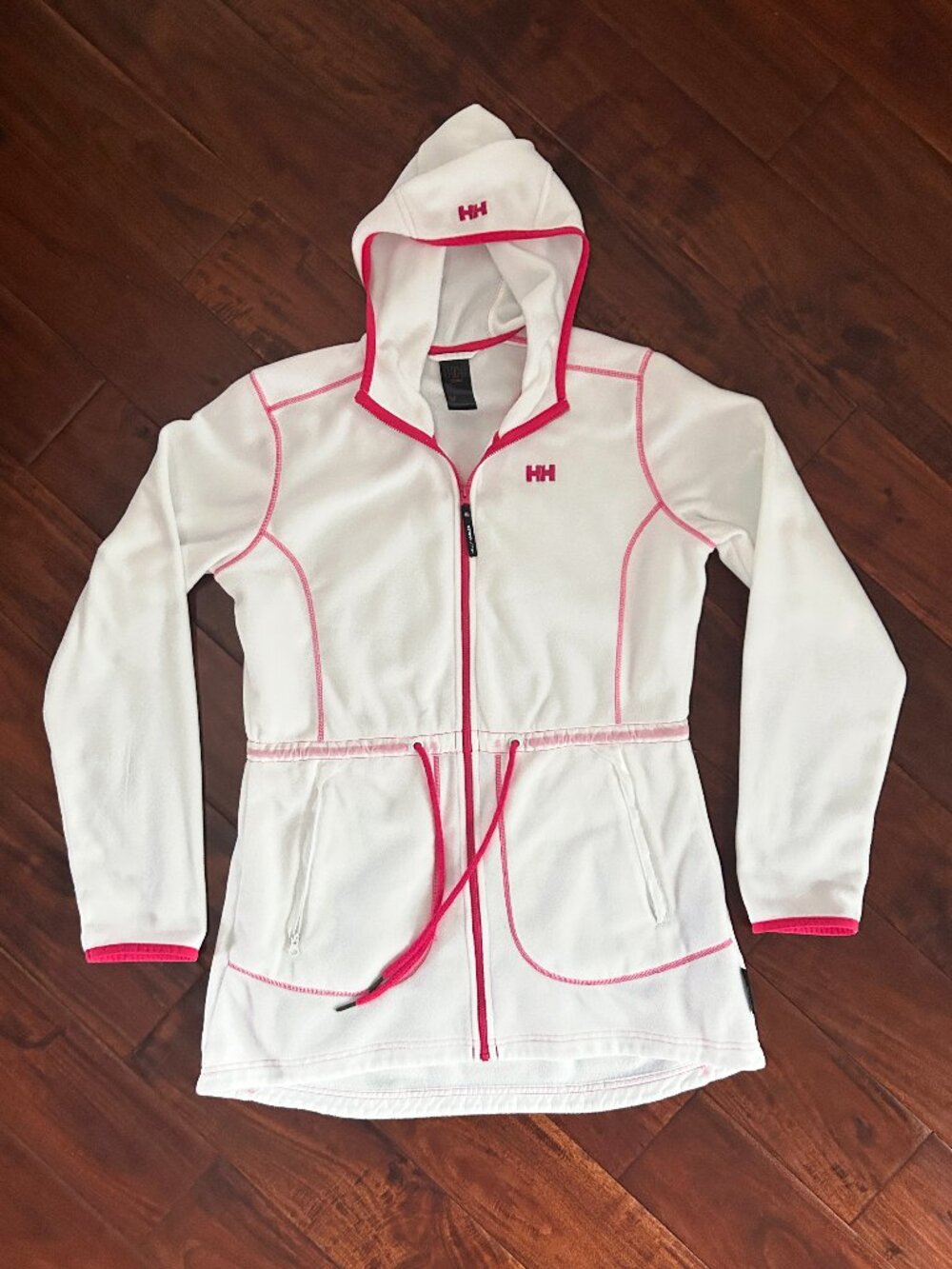 Helly Hansen Polartec Fleece Jacket White Pink Trim Hooded Zip Drawstring Waist